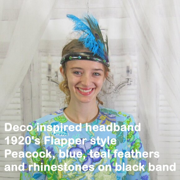 Deco inspired headband, 20s Flapper style, Peacock, blue, teal feathers on black - Picture 9 of 12